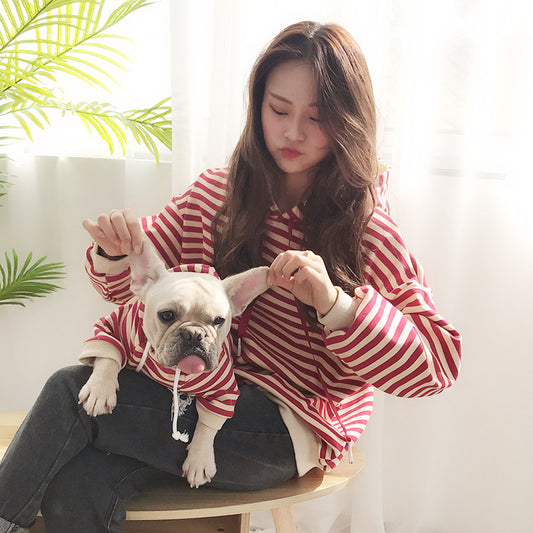 Autumn And Winter Plush Dog Clothing Hooded Pet and Parents Striped T-Shirt
